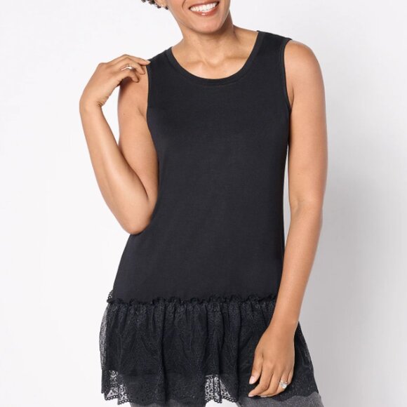 LOGO Layers by Lori Goldstein Scoop Neck Tank with Lace Hem  15512 - Picture 1 of 2